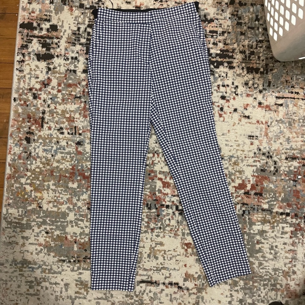 Zara Blue and White Gingham Trousers with Elastic Waist